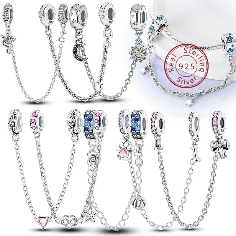 Safety Chain Fit Original 925 Sterling Silver Beads Moon Star Butterfly Heart shaped Jewellery Gift.