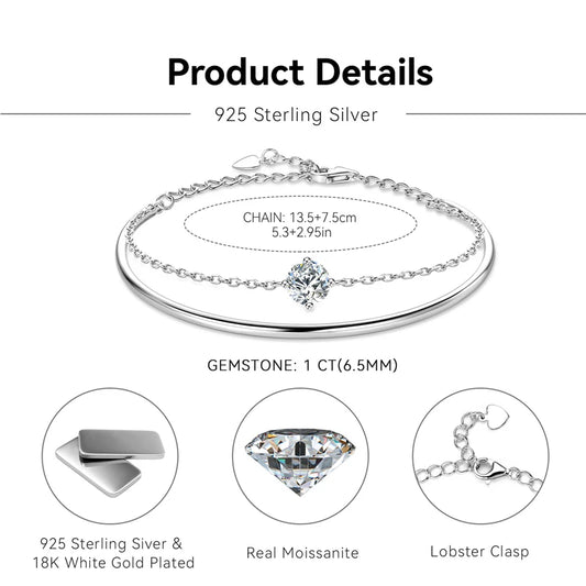 925 Sterling Silver Double Chain Cuff Bracelets Bling 6.5mm Moissanite Bracelet For Women Adjustable Wristband Jewelry Gift
