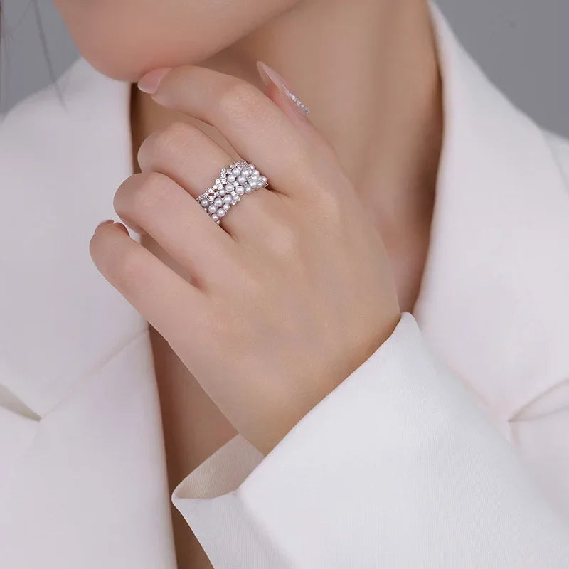 925 Sterling Silver Zircon Pearl Round Rings Minimalist Trendy Light Luxury Fine Jewelry Opening Accessories,.