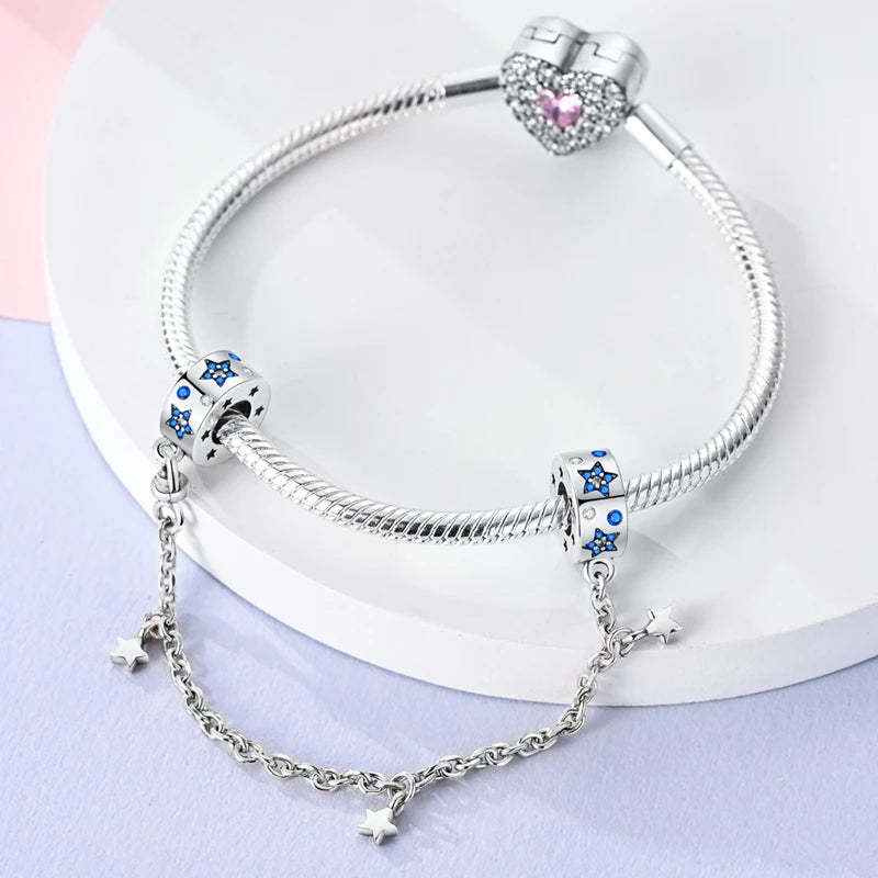 Safety Chain Fit Original 925 Sterling Silver Beads Moon Star Butterfly Heart shaped Jewellery Gift.