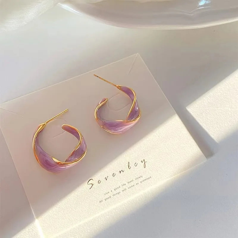 Trendy Enamel Color Metal Texture Small Hoop Earrings, Gold Plated Jewellery Gifts.