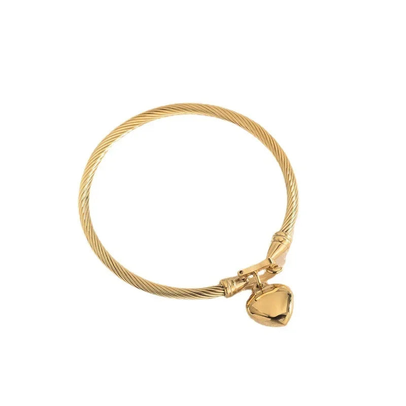 18k Gold Color Stainless Steel Heart Pendant Charm Bangle Bracelets.