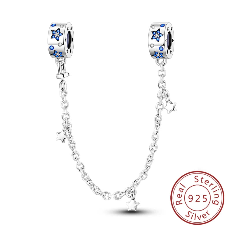 Safety Chain Fit Original 925 Sterling Silver Beads Moon Star Butterfly Heart shaped Jewellery Gift.