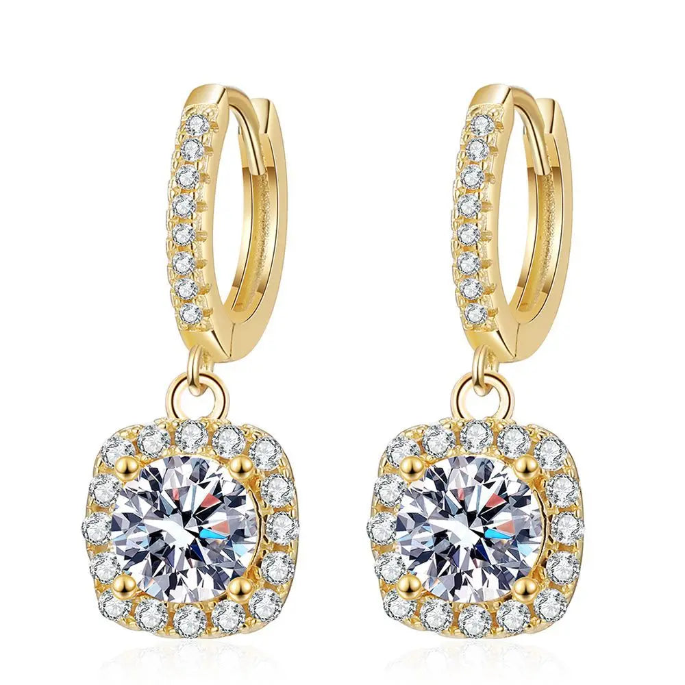 Luxury 100% Real 18k Gold Women's Classic Square Moissanite Earrings with Diamond Studs