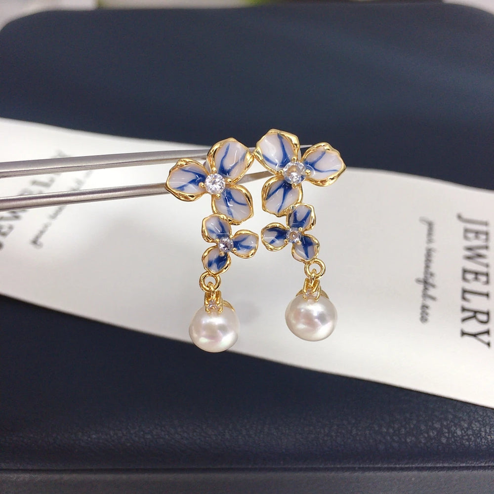 Freshwater Pearl Earrings 7-7.5mm Zircon Symmetry Flower Style Fashion Jewellery.