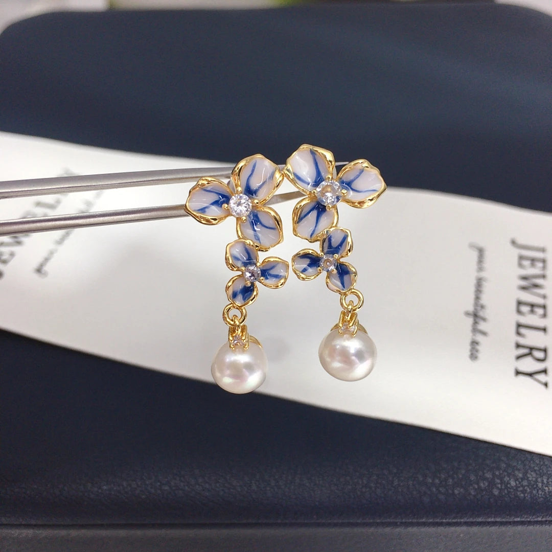 Freshwater Pearl Earrings 7-7.5mm Zircon Symmetry Flower Style Fashion Jewellery.
