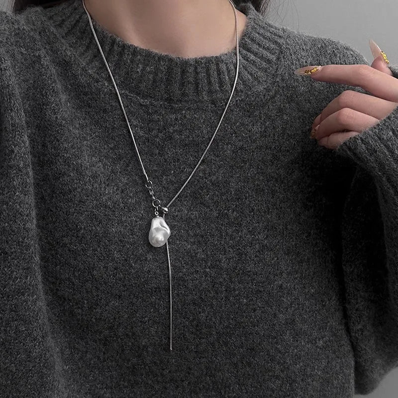 Stainless Steel Long with Pearls Necklace for Women Adjustable Chain Fashion Jewellery.