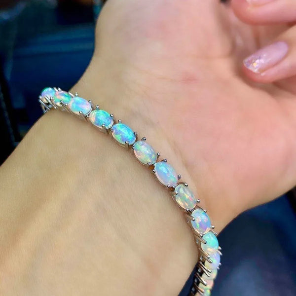925 Sterling Silver Natural Opal Colorful Stone Bracelet Fine Jewellery 24 Pc 4*6mm Fine. Alternate View