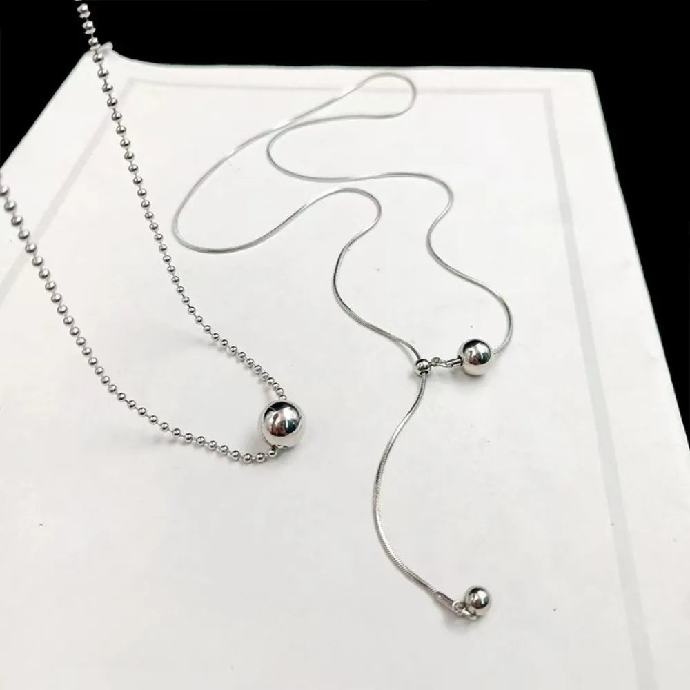 Personality Design Silver Color Stainless Steel Beaded Ball Pendant Necklace, Double Layer Jewellery.