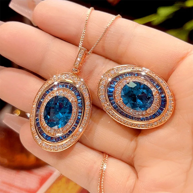 Rose Gold Plated Blue Oval Gemstone Jewelry Adjustable Ring Necklace with Cubic Zirconia Vintage Fashion Gift.