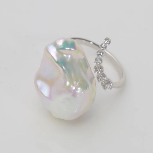Natural Fresh Water Pearl Ring S925 Silver Adjustable Ring Zircon Inlaid Jewellery for Woman.