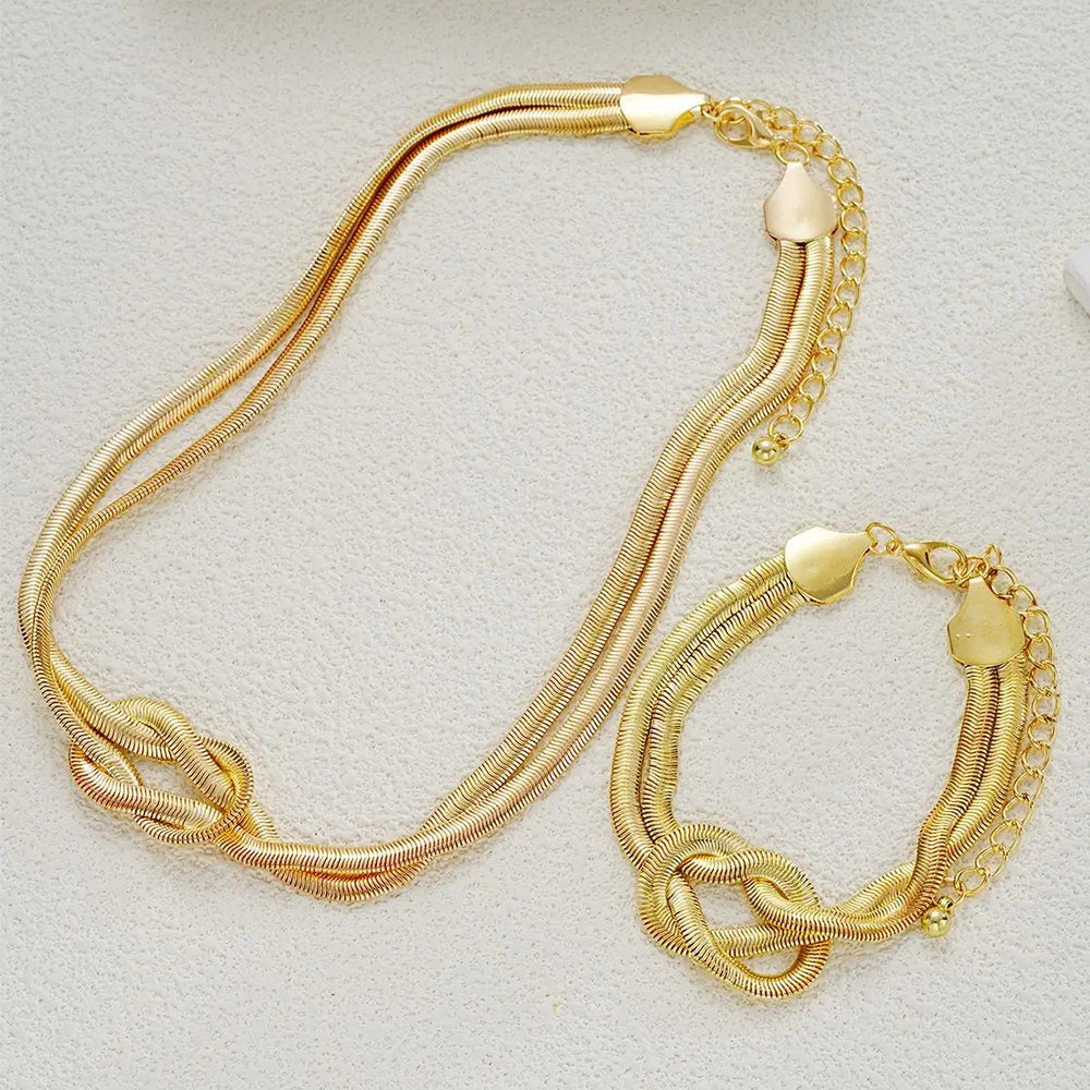 Double Layer Knot Necklace Bracelet Set Gold Color Snake Twisted Chunky Fashion Jewellery Accessories.