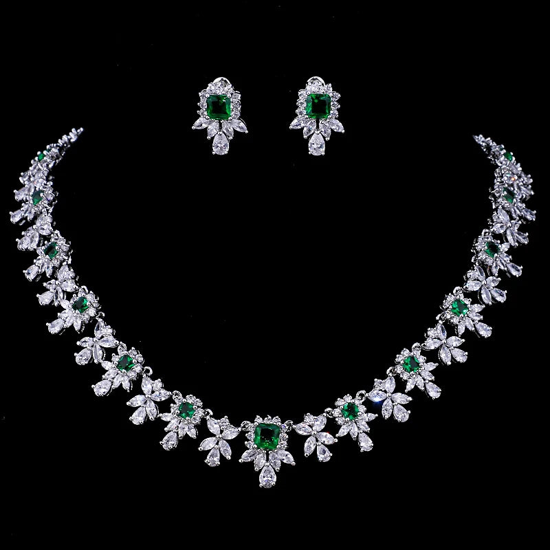 Luxury Green Cubic Zirconia Earrings Necklaces Sets Accessories.
