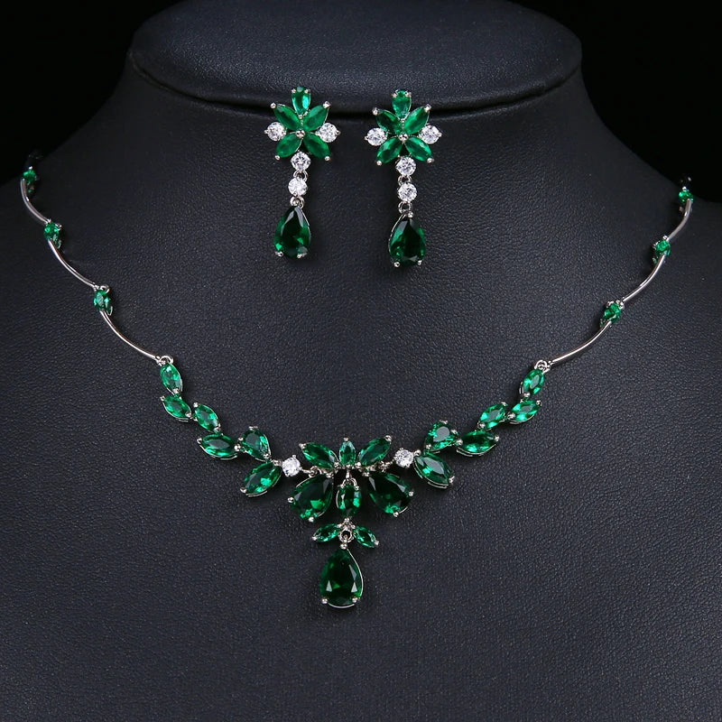Luxury Green Cubic Zirconia Earrings Necklaces Sets Accessories.