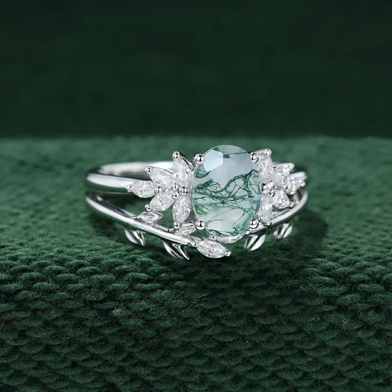 Unique Oval Cut Moss Agate Ring Set 925 Sterling Silver Leaf Branch Rings Handmade Jewellery Gift.