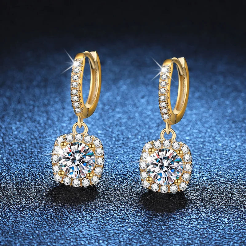 Luxury 100% Real 18k Gold Women's Classic Square Moissanite Earrings with Diamond Studs