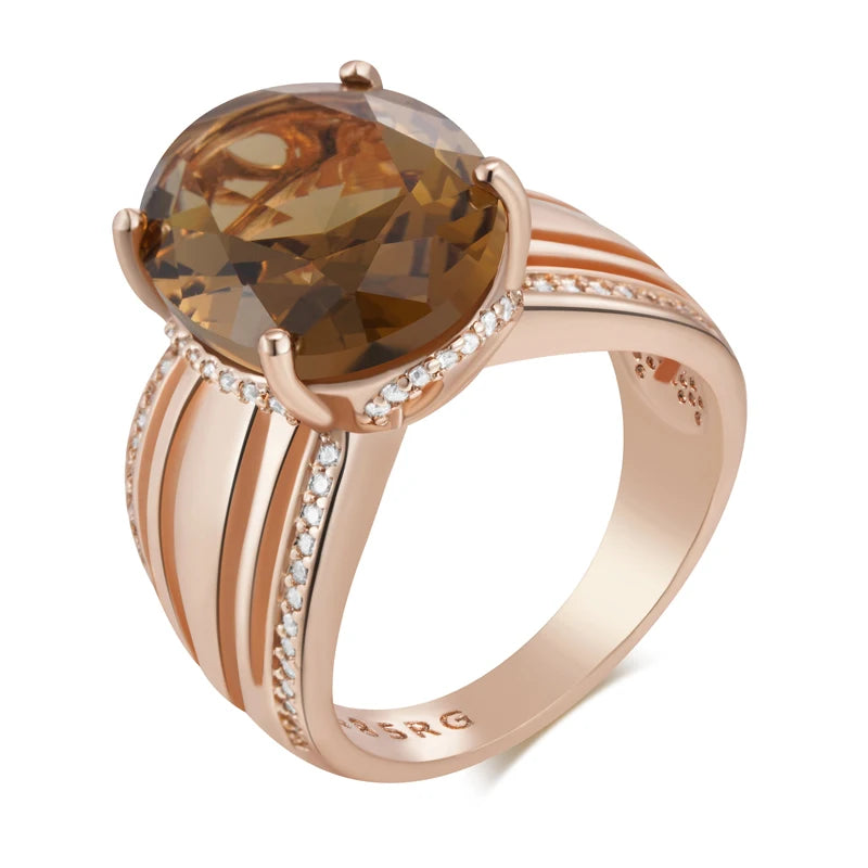 Oval Brown Natural Zircon Ring for Women Unique 585 Rose Gold Color High Quality.