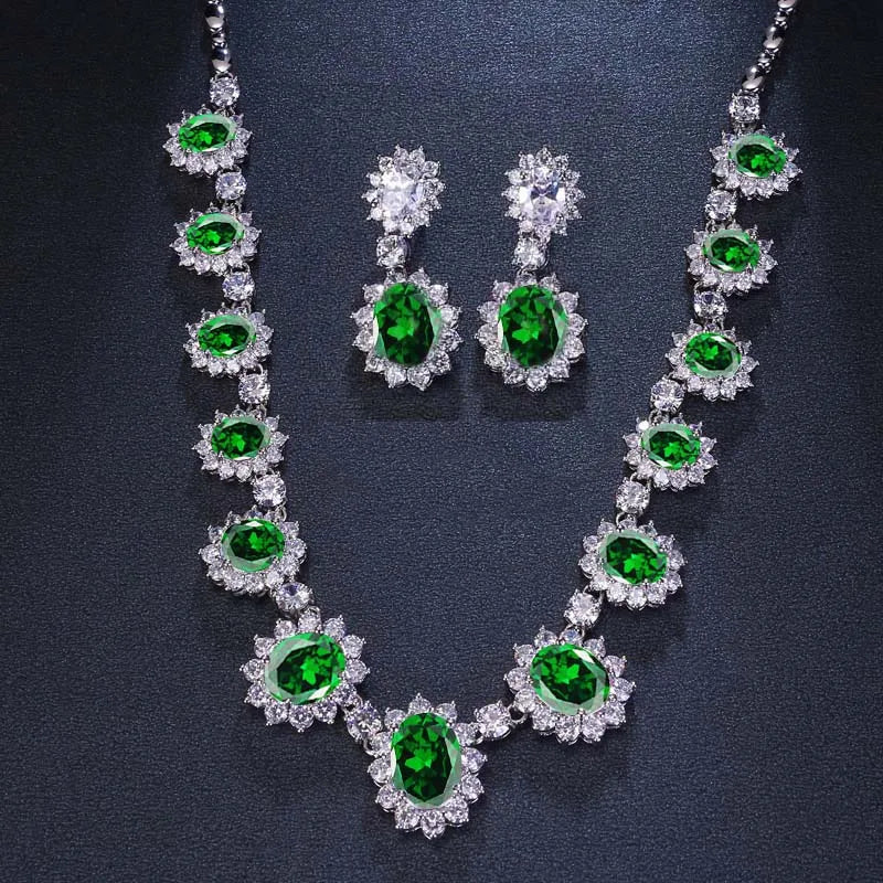 Luxury Green Cubic Zirconia Earrings Necklaces Sets Accessories.