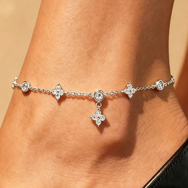 925 Sterling Silver Clover Design Ankle Bracelet Dainty Charm Chain Anklet Adjustable Flower Foot Jewellery.