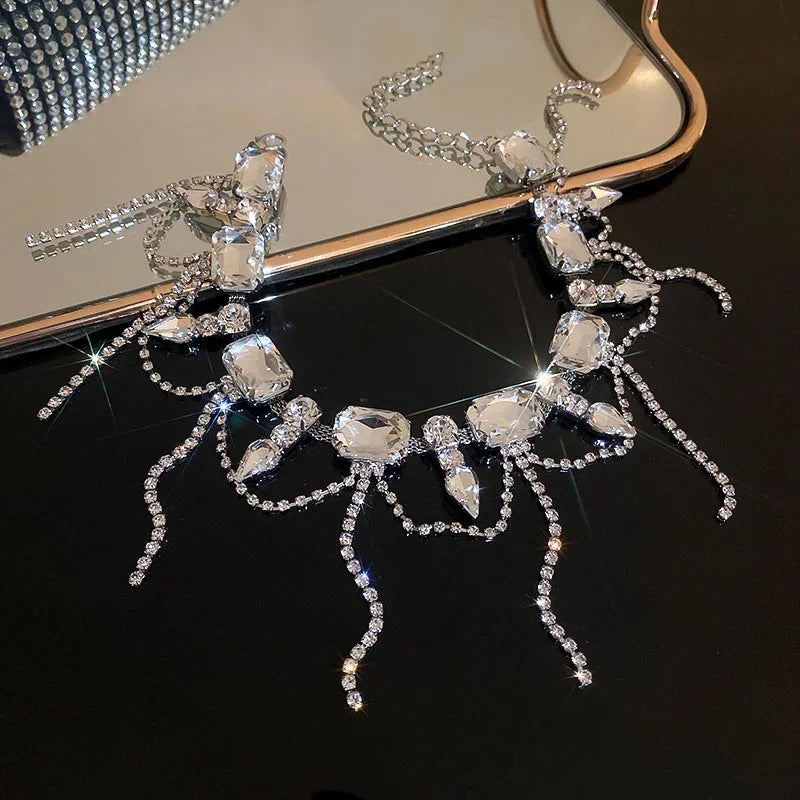 FYUAN Geometric Square Crystal Choker Necklaces for Women Long Tassel Clavicle Chain Necklaces Statements Jewelry