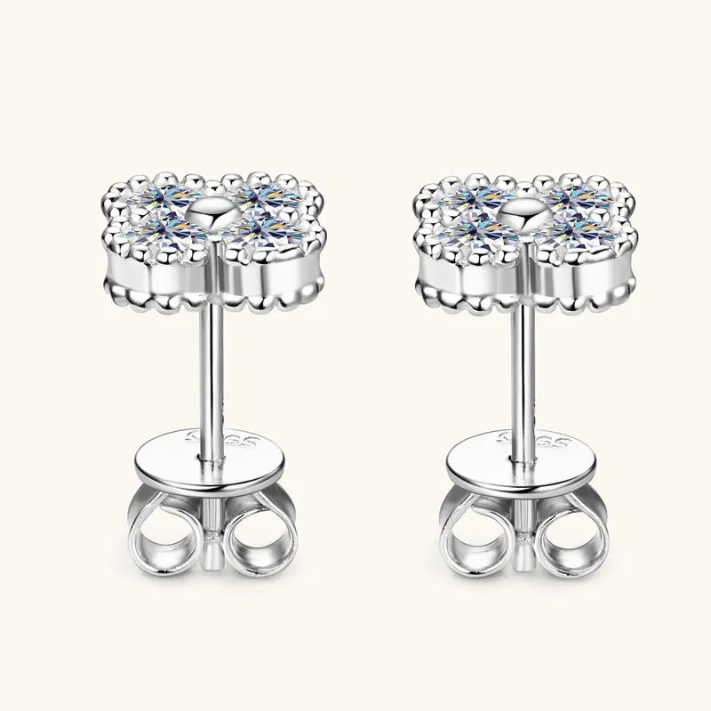 Lnngy 925 Certified Silver Chains Four Leaf Flower 3mm 0.1ct Moissanite Necklace Stud Earring Jewelry Set