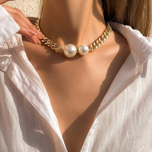 Vintage Punk Cuban Necklaces Women Gothic Imitation-Pearl Pendant Necklace