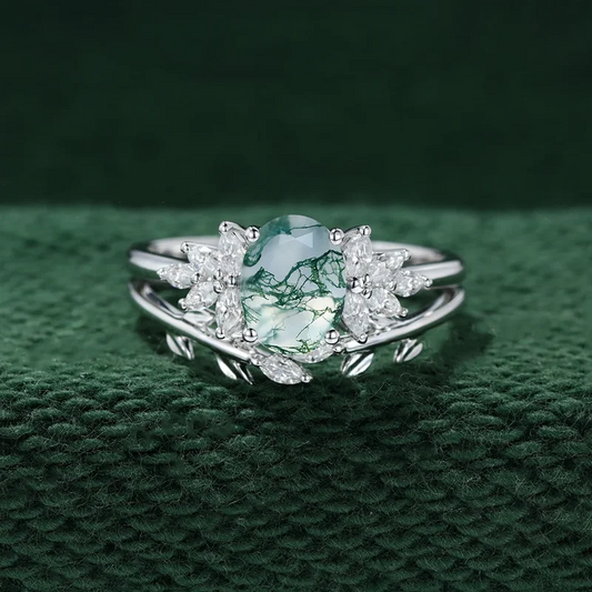 Unique Oval Cut Moss Agate Ring Set 925 Sterling Silver Leaf Branch Rings Handmade Jewellery Gift.