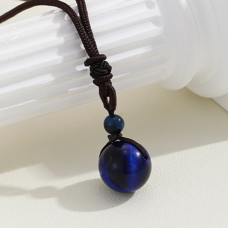 16 Mm Black Tiger Eyes Stone Necklaces with Adjustable Braided Rope Cords Natural Crystal Pendant.