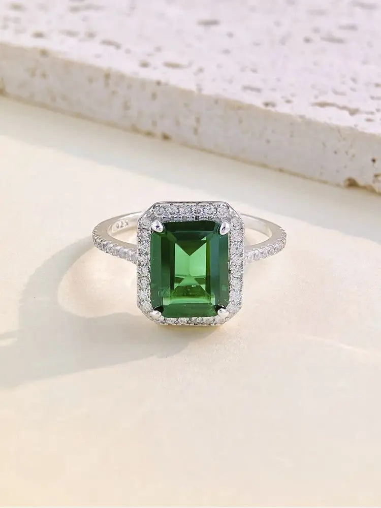 925 Sterling Silver Classic Vintage Emerald Cubic Zirconia Ring For Anniversary Luxury Jewellery.