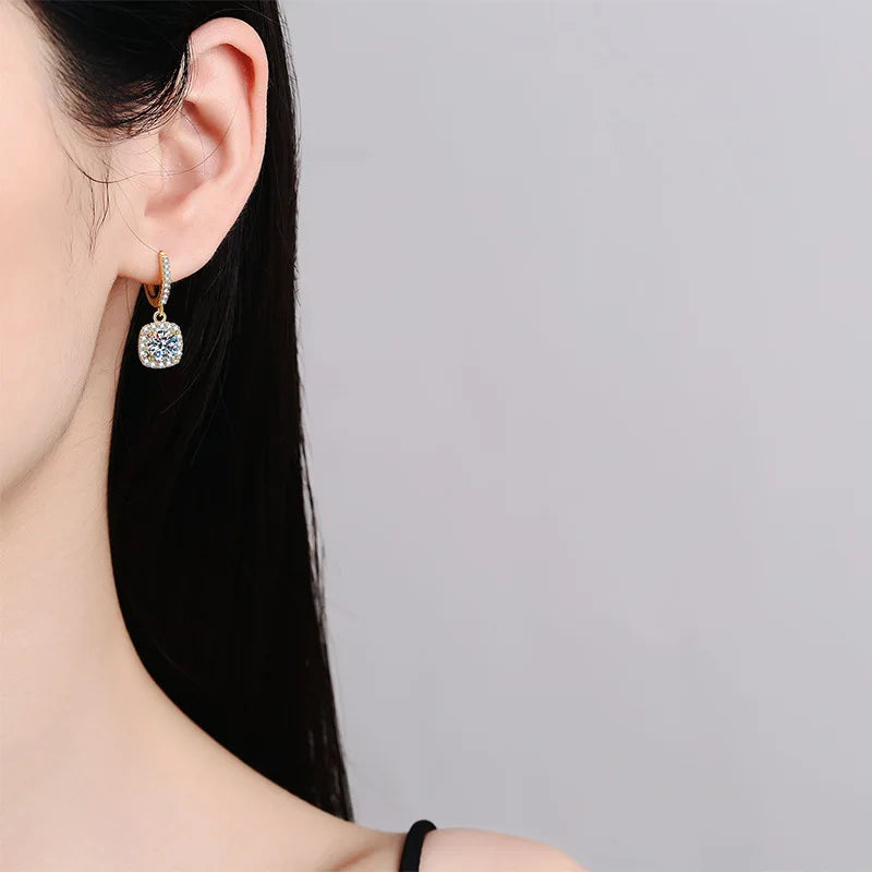 Luxury 100% Real 18k Gold Women's Classic Square Moissanite Earrings with Diamond Studs