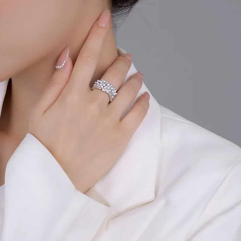 925 Sterling Silver Zircon Pearl Round Rings Minimalist Trendy Light Luxury Fine Jewelry Opening Accessories,.