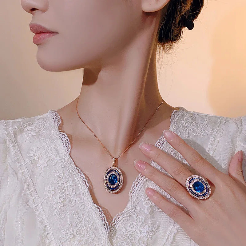 Rose Gold Plated Blue Oval Gemstone Jewelry Adjustable Ring Necklace with Cubic Zirconia Vintage Fashion Gift.