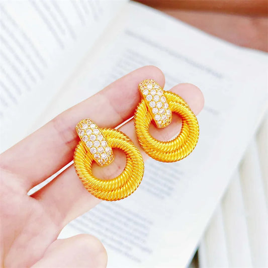 Luxury 24K Gold Braided Hoop Earrings, Vintage Textured Pave Zircon Drop Earrings.