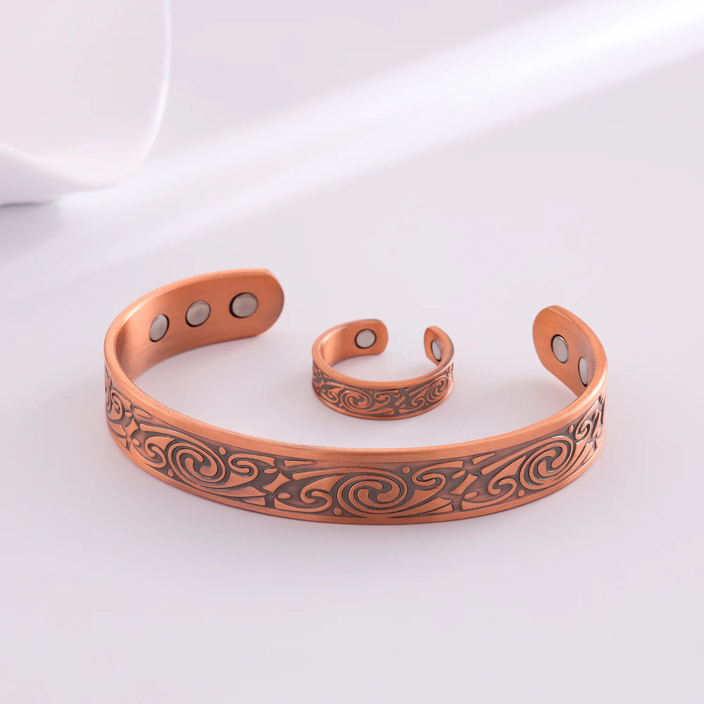 Copper Plating Retro Simple Double Ring Pattern Magnetic Energy Ring Bracelet Gift Set.