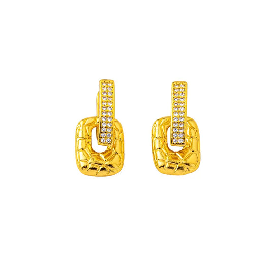 Luxury 24K Pure Gold real gold Women's Earrings with Diamond Geometric Square Earrings