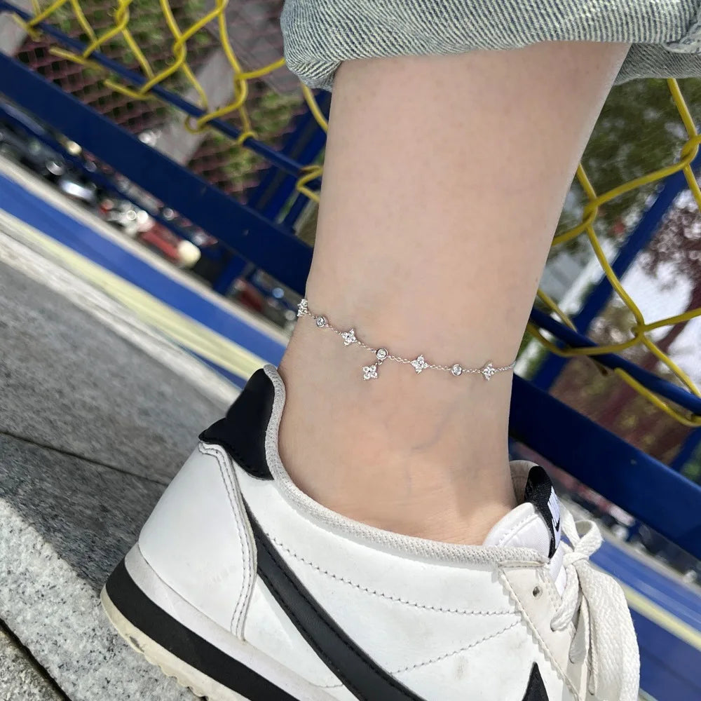 925 Sterling Silver Clover Design Ankle Bracelet Dainty Charm Chain Anklet Adjustable Flower Foot Jewellery.