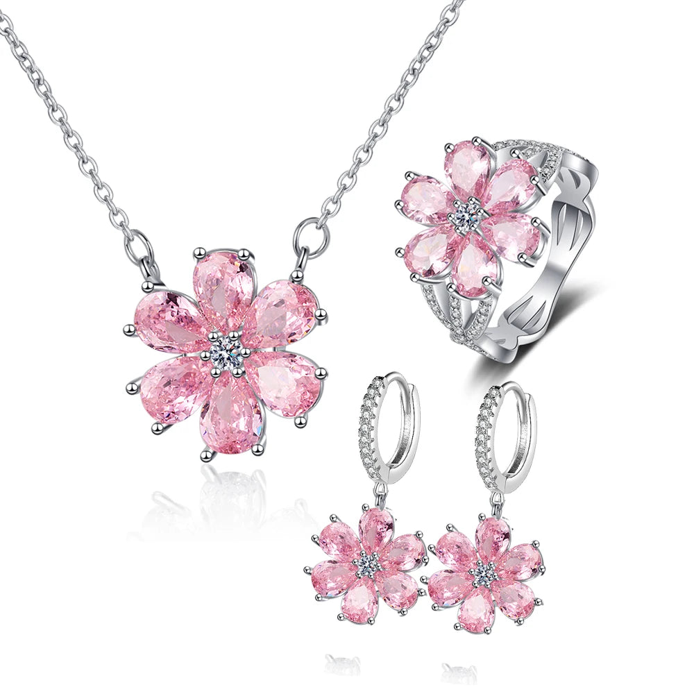 Pink Zircon Crystal Flower Pendant Fine Jewellery Sets.