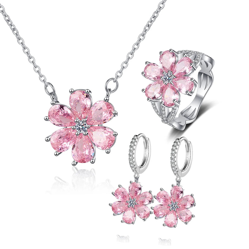Pink Zircon Crystal Flower Pendant Fine Jewellery Sets.