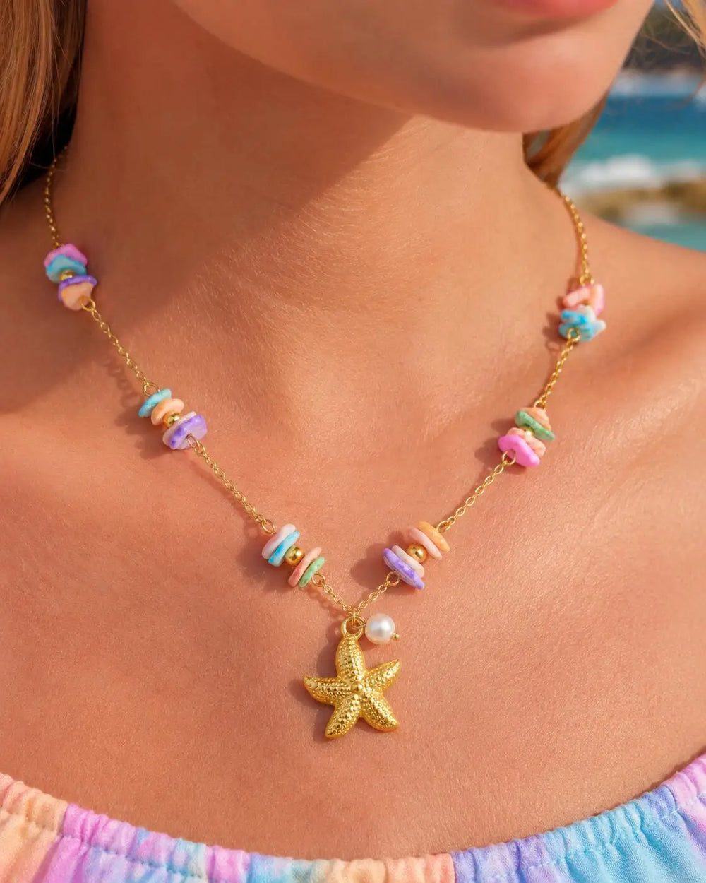 18K Gold Plated Pearl, Shell, Conch, Starfish Summer Beach Necklace, Stainless Steel Waterproof Charm Jewelry