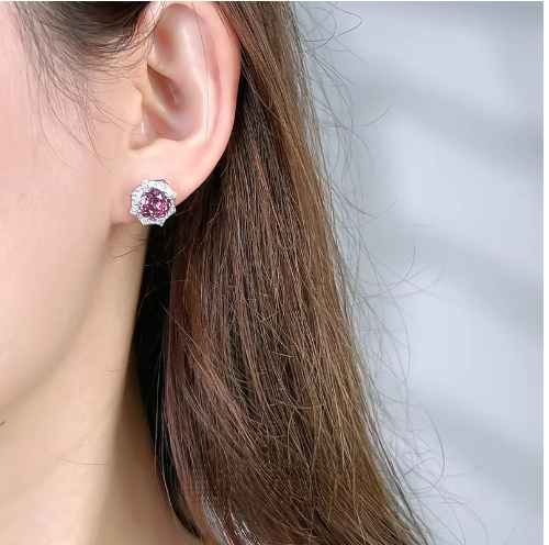 Millennium Purple Pink Flower 925 Silver Earrings Inlaid with High Carbon Diamond Light Luxury