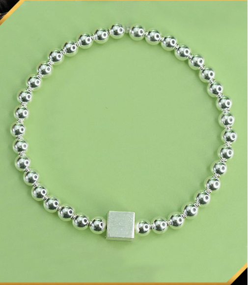 999 Pure Silver Light Bead Square Bracelet Sterling Silver Light Bead Elastic Rope Bracelet with Adjustable Length and Any DIY Bracelet