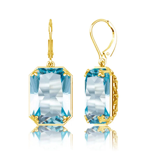 Real 100% 925 Silver Earrings Aquamarine 14K Gold Plated Drop Earrings Fine Jewelry.