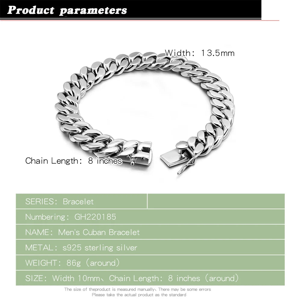 Men's 100% 925 Sterling Silver Bracelet 13.5mm Curb Cuban Chain 7.5-10 Inch Solid Punk Style Fine Jewelry Gift