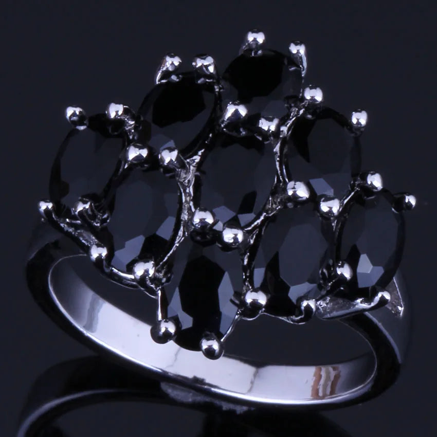 Dazzling Oval Black Cubic Zirconia Silver Plated Ring V0420