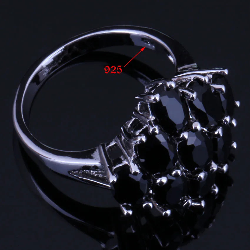 Dazzling Oval Black Cubic Zirconia Silver Plated Ring V0420