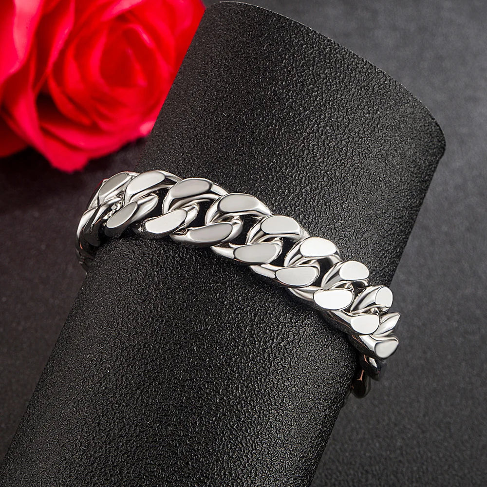 Men's 100% 925 Sterling Silver Bracelet 13.5mm Curb Cuban Chain 7.5-10 Inch Solid Punk Style Fine Jewelry Gift