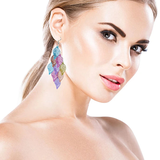 Hollow Leaves Drop Earrings, Colorful Long Dangle Earrings.