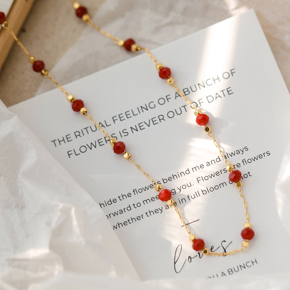 French Retro Interval Red Spinel Beaded Necklace Titanium Steel Electroplated 18K Gold High-grade Women's Clavicle Chain Light Luxury