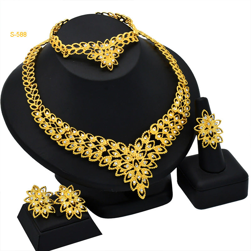 24K Dubai gold jewelry set Saudi bridal necklace bracelet earrings ring Indian ladies four piece wholesale