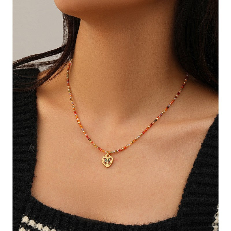 Fashionable and Simple Colorful  Butterfly Zircon Beaded Necklace Light Luxury High-End Clavicle Chain.